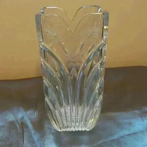 Art Deco 1980's Cut Glass
Crystal Square Shaped Etched Floral Flower  Vase